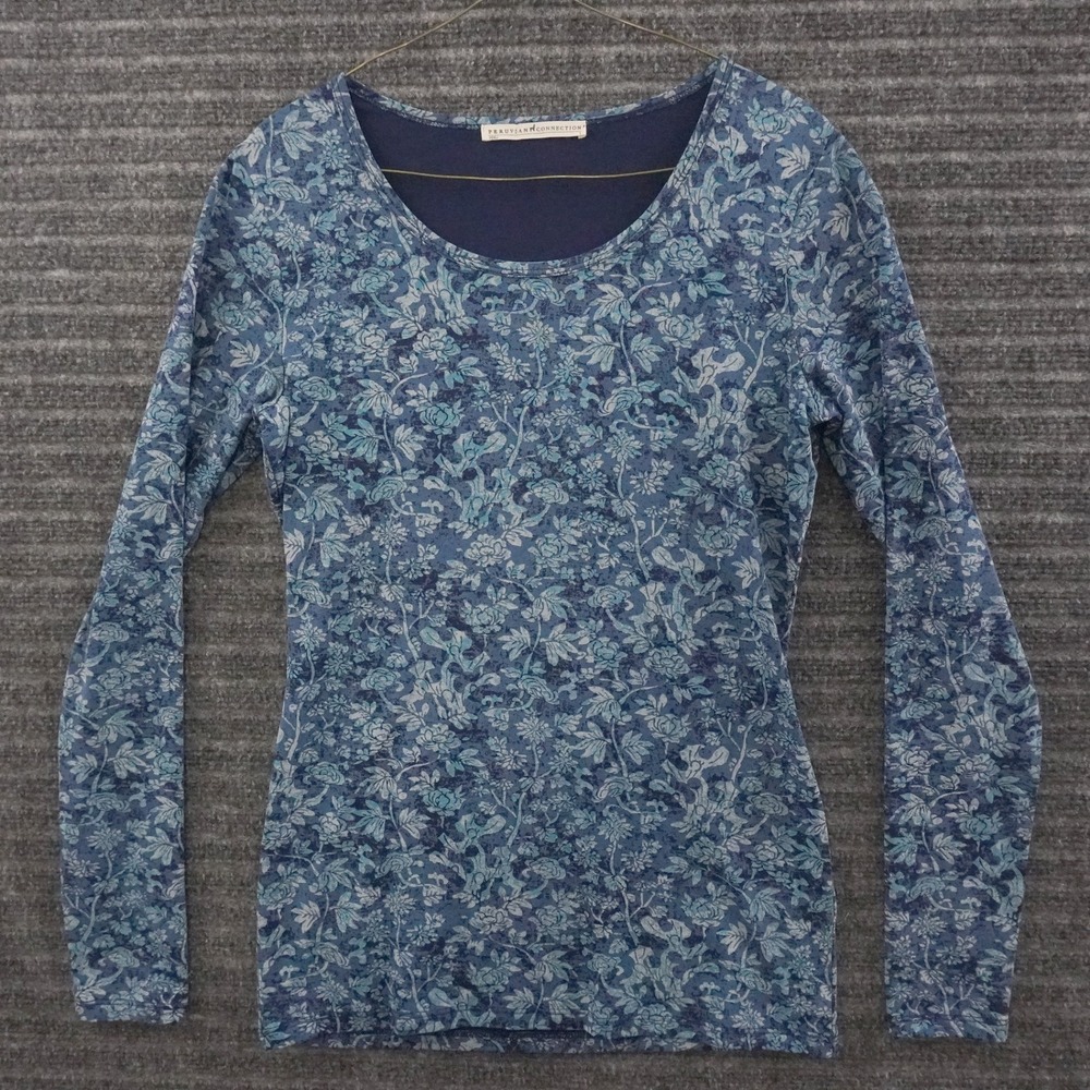 Peruvian Connection Long Sleeve Shirt Women Size S Blue Floral Pima Cotton